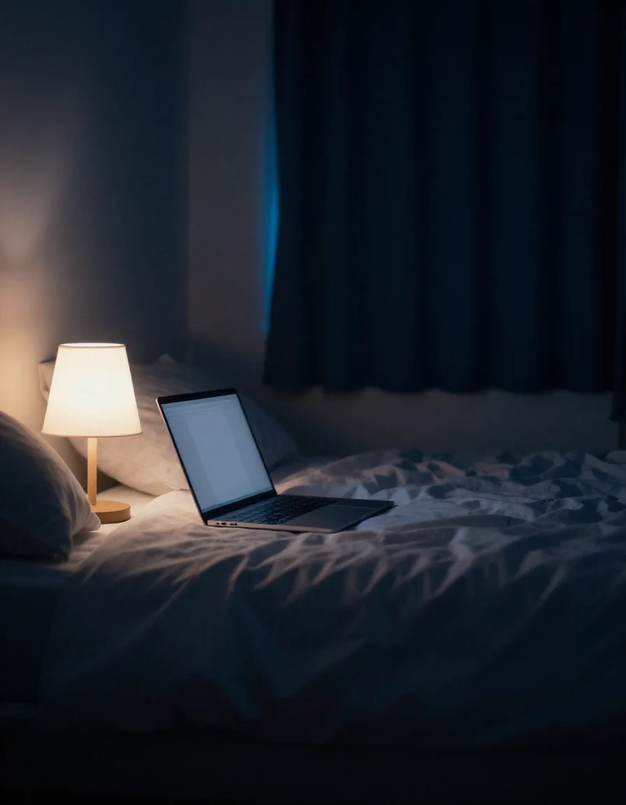 Una laptop encendida sobre un escritorio de noche.