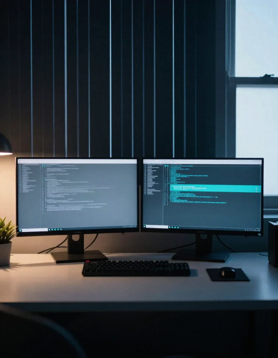 Monitores con código en un escritorio de desarrollo.