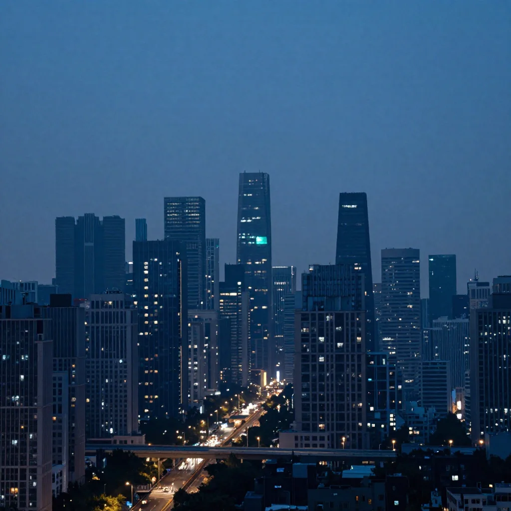 Rascacielos de una ciudad asiática al anochecer.