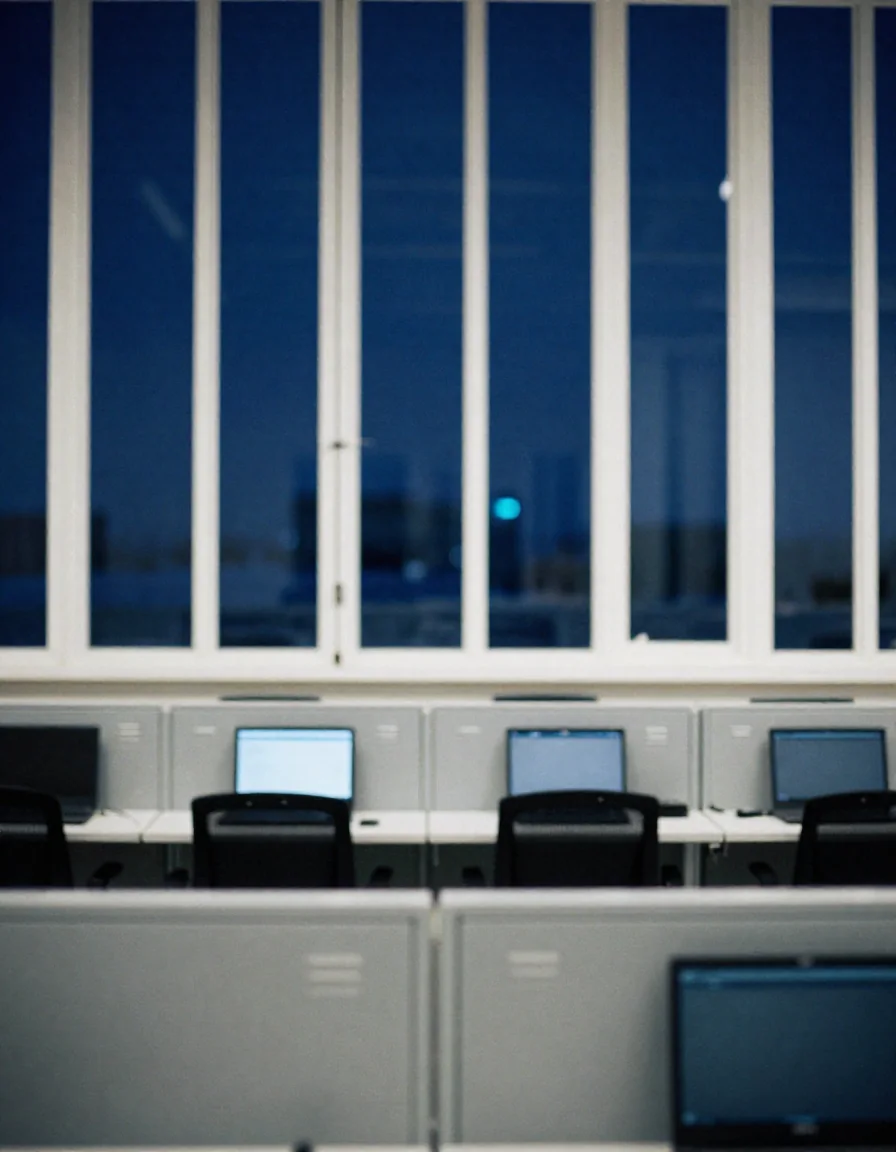 Oficina abierta con escritorios vacíos.