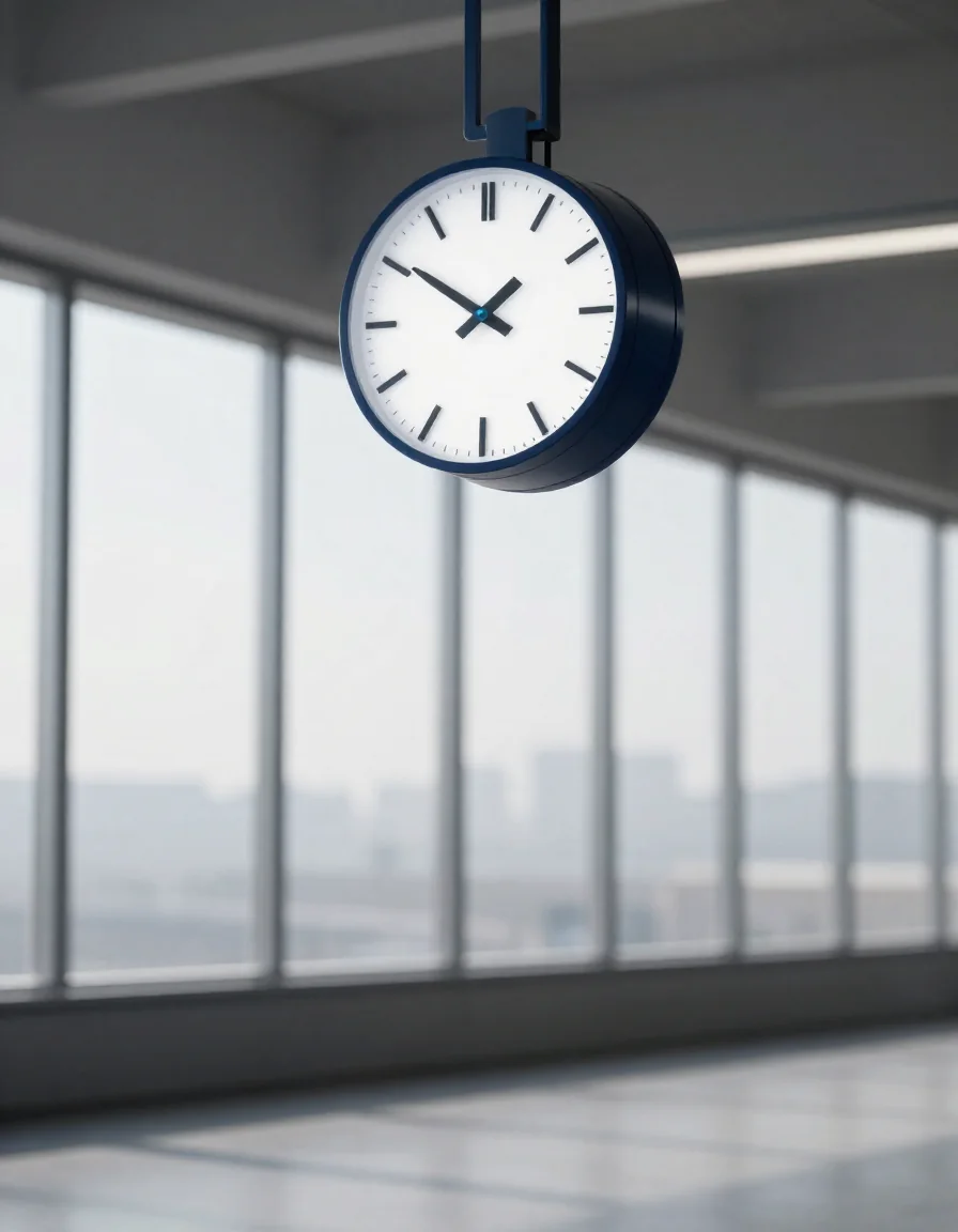 Un reloj de pared sobre un escritorio.