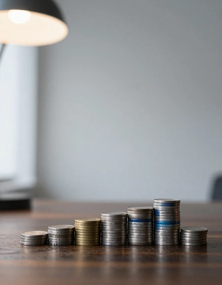 Pilas de monedas sobre una mesa.