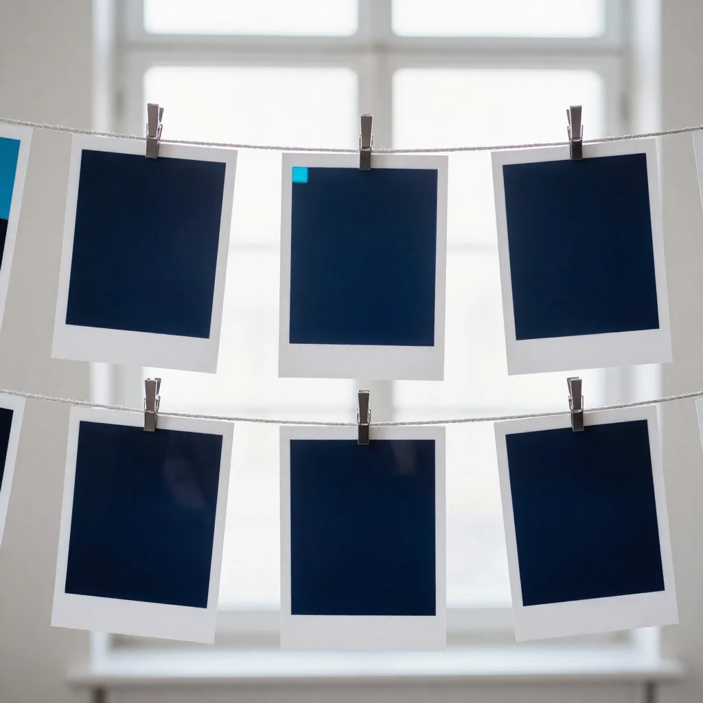 Cámara y fotografías sobre una mesa de luz.