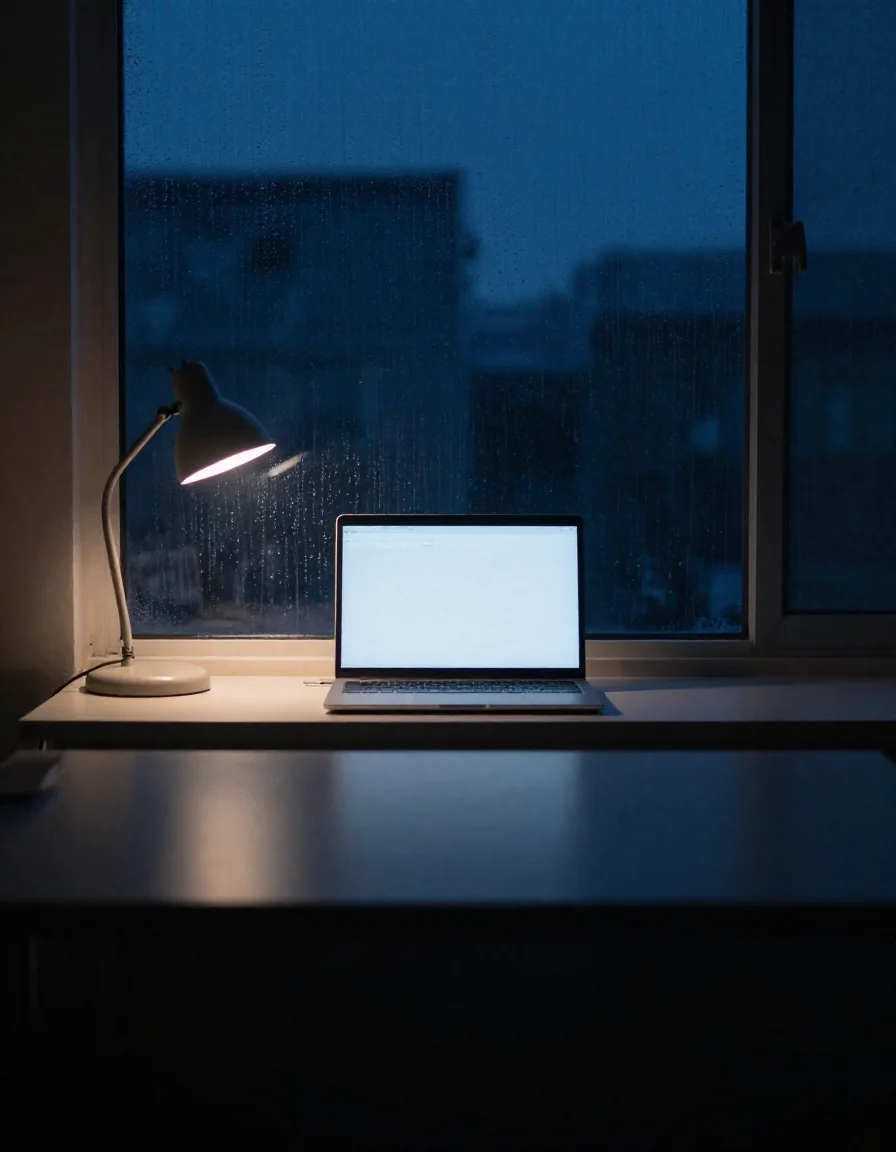 Una laptop encendida sobre un escritorio de noche.
