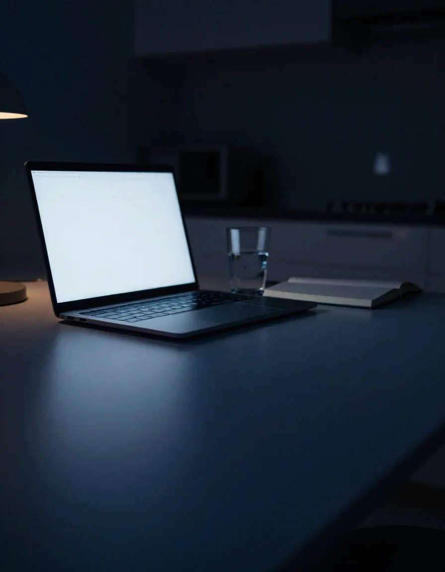 Una laptop encendida sobre un escritorio de noche.