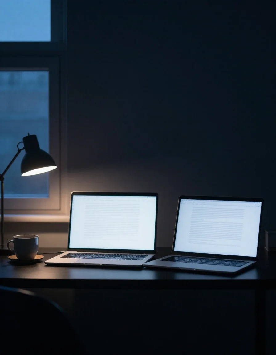 Una laptop encendida sobre un escritorio de noche.