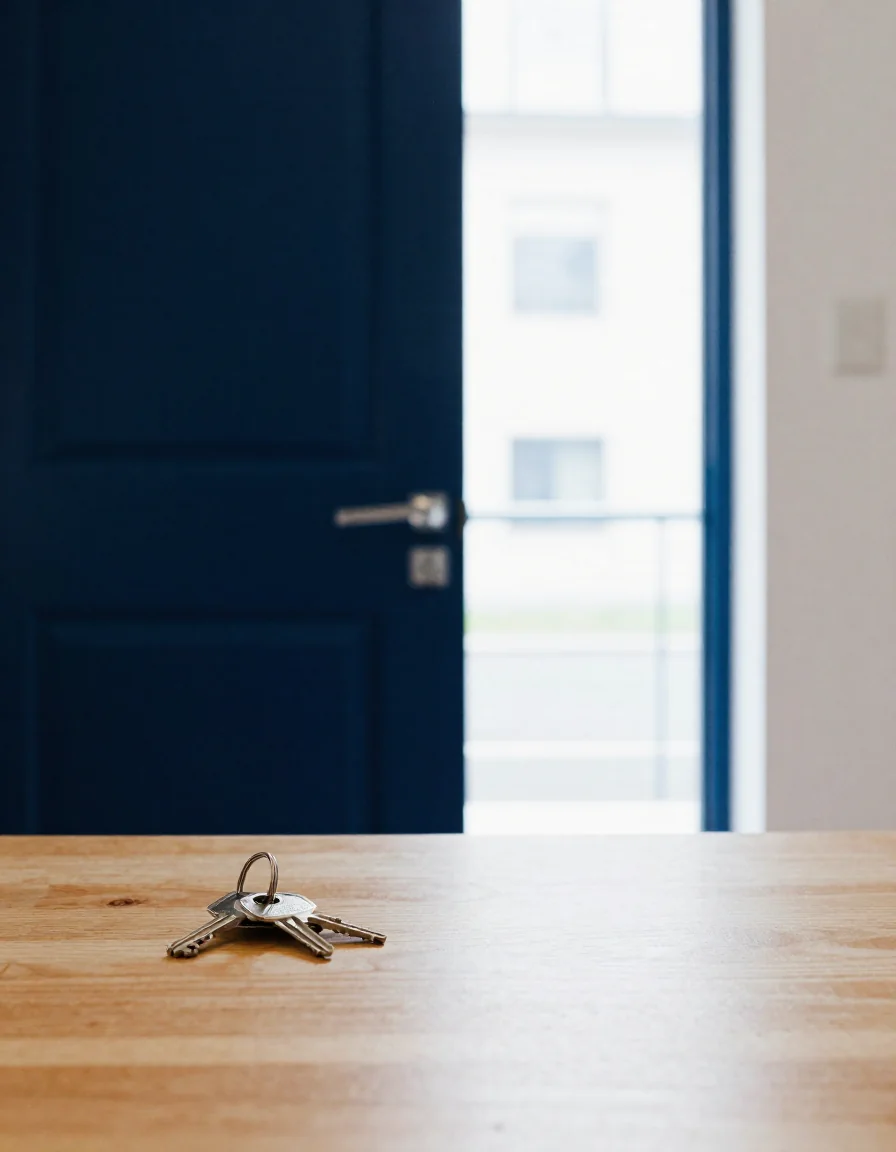 Llaves sobre una mesa junto a una puerta.