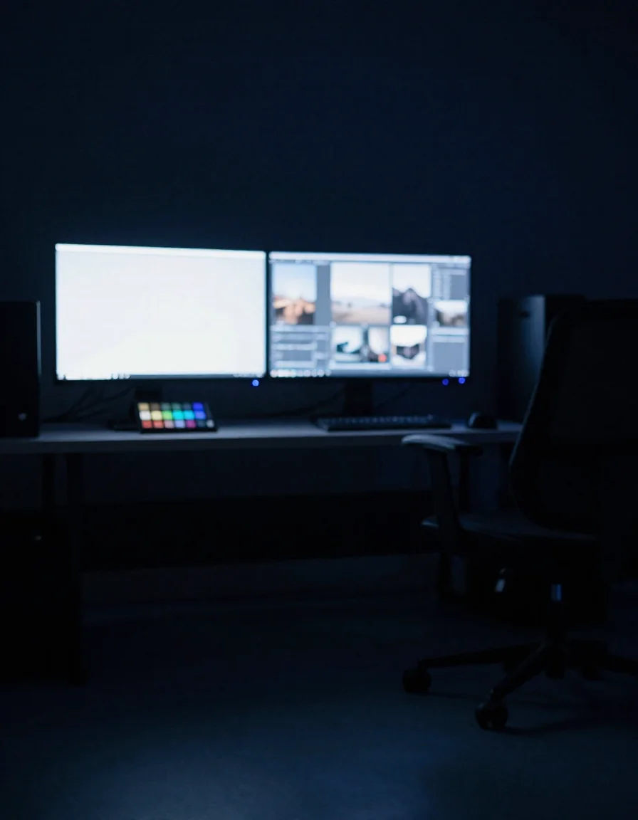 Cámara y fotografías sobre una mesa de luz.