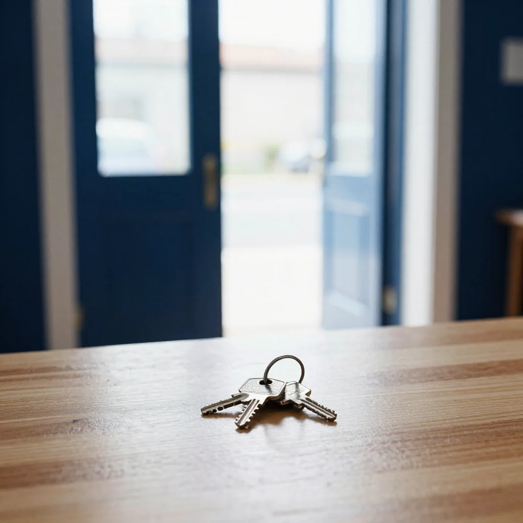 Llaves sobre una mesa junto a una puerta.