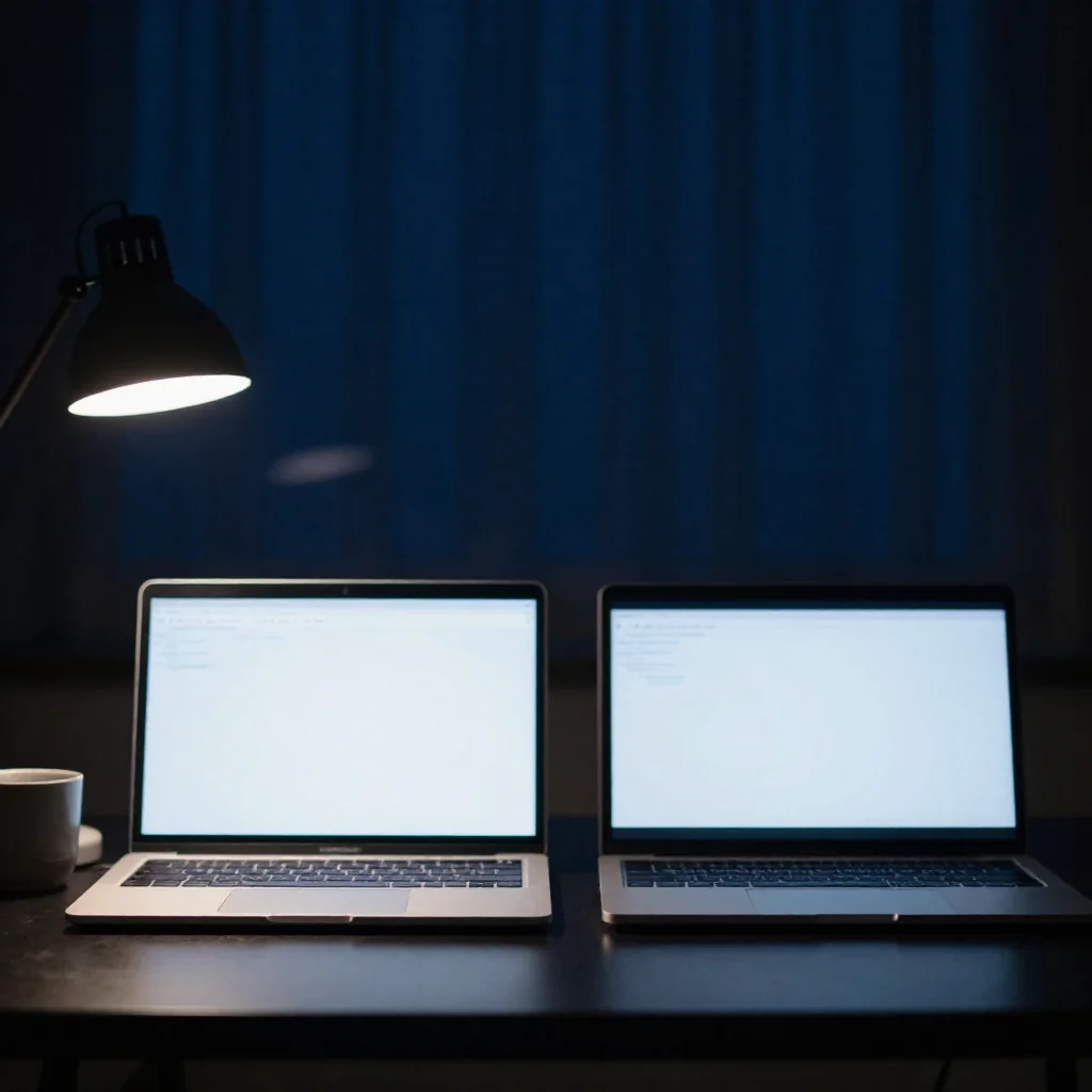 Una laptop encendida sobre un escritorio de noche.
