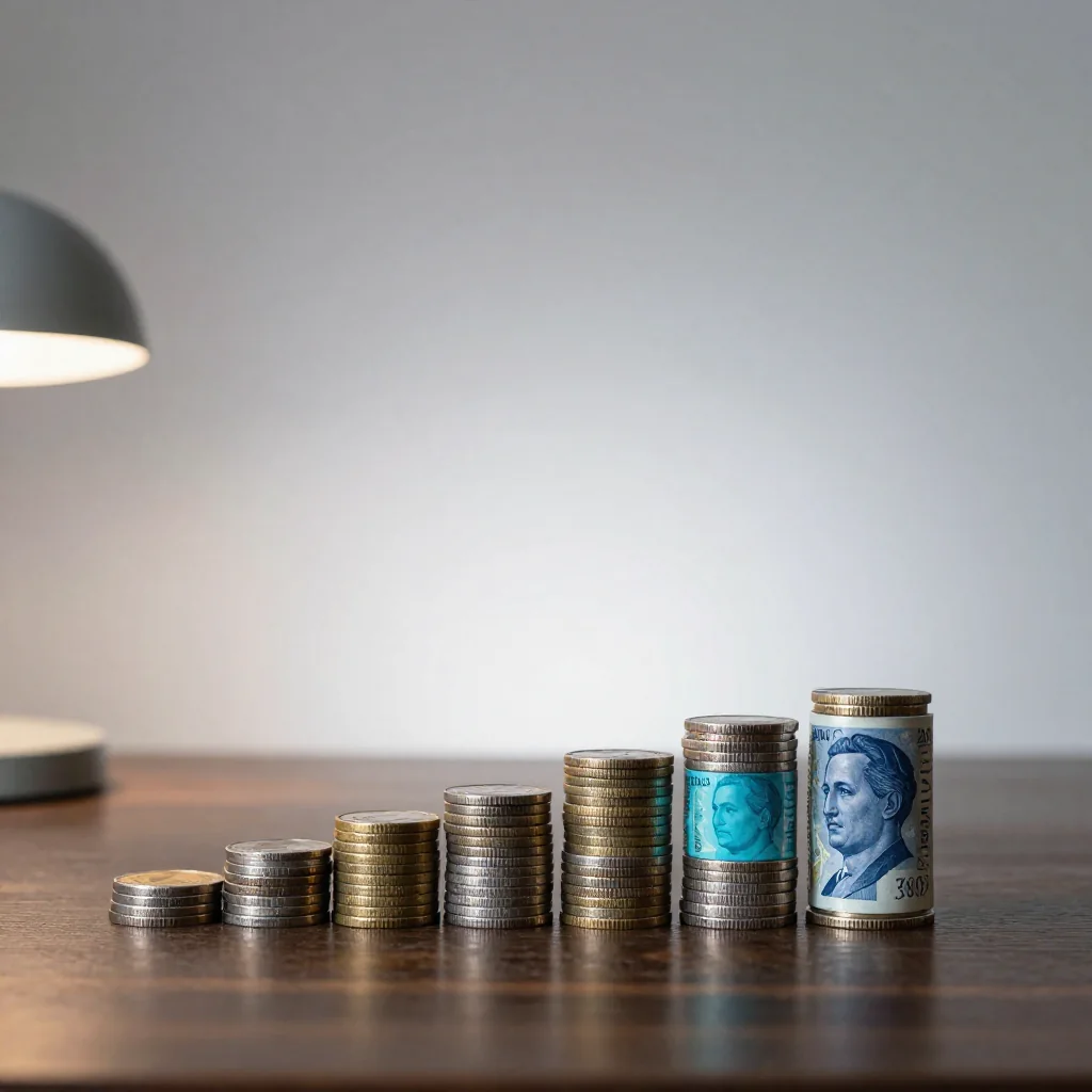 Pilas de monedas sobre una mesa.