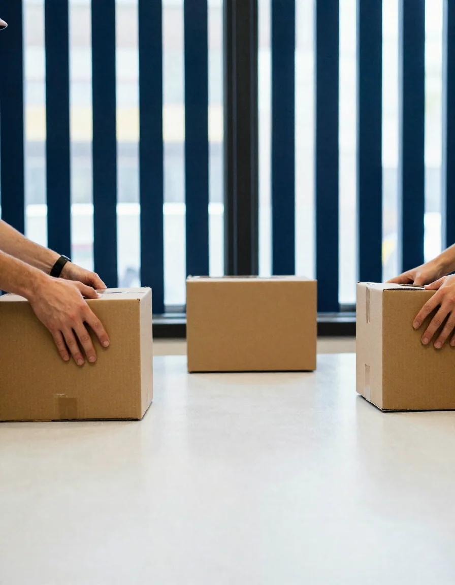 Manos ordenando cajas de donativos.
