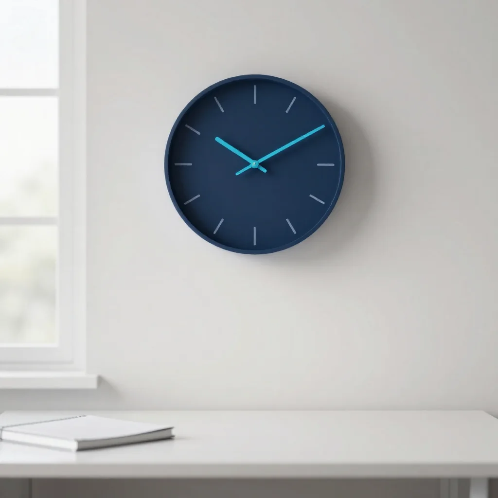 Un reloj de pared sobre un escritorio.