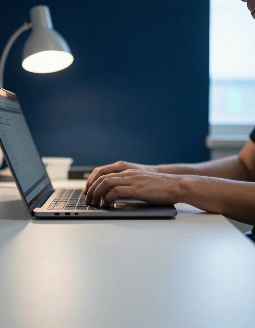 Manos escribiendo en una laptop.