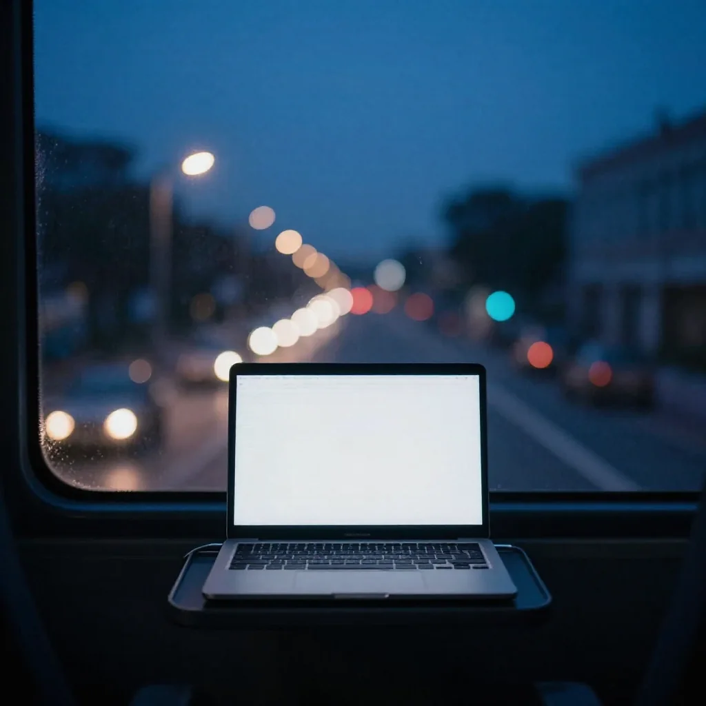 Una laptop encendida sobre un escritorio de noche.