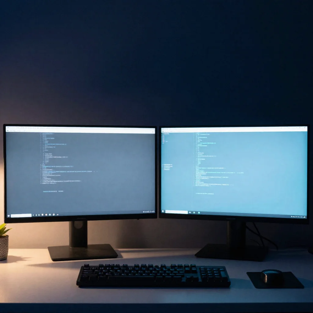 Monitores con código en un escritorio de desarrollo.