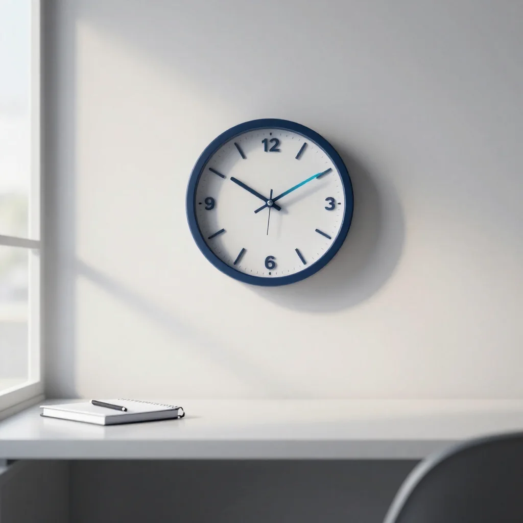 Un reloj de pared sobre un escritorio.