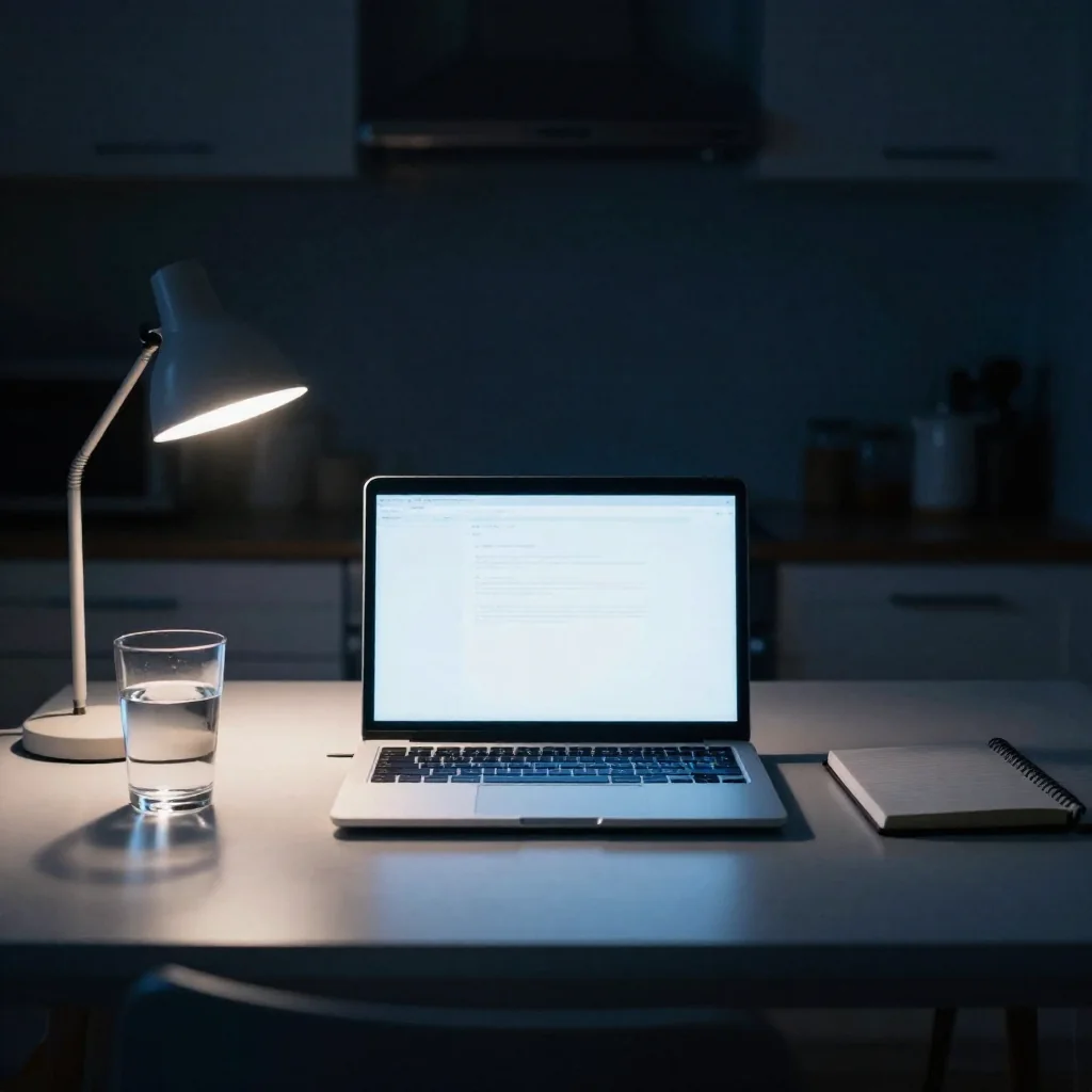 Una laptop encendida sobre un escritorio de noche.