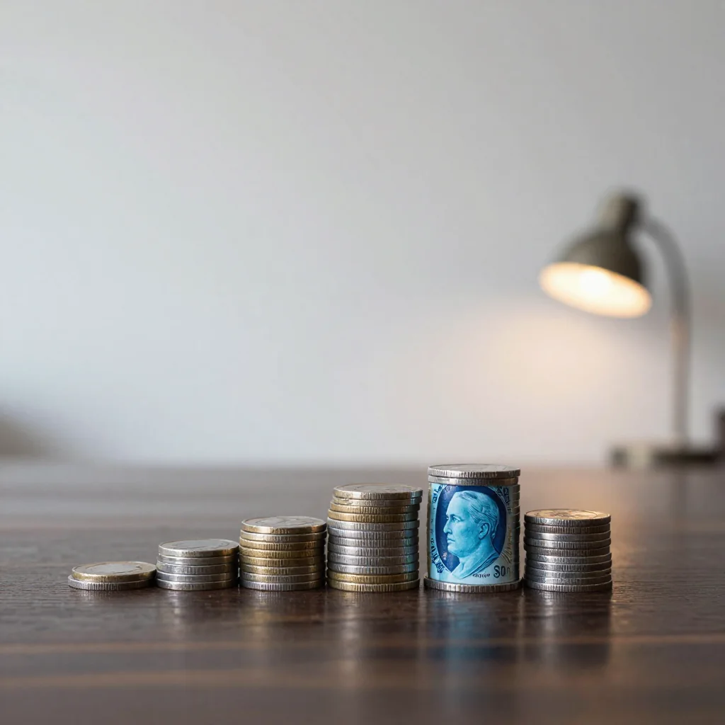 Pilas de monedas sobre una mesa.