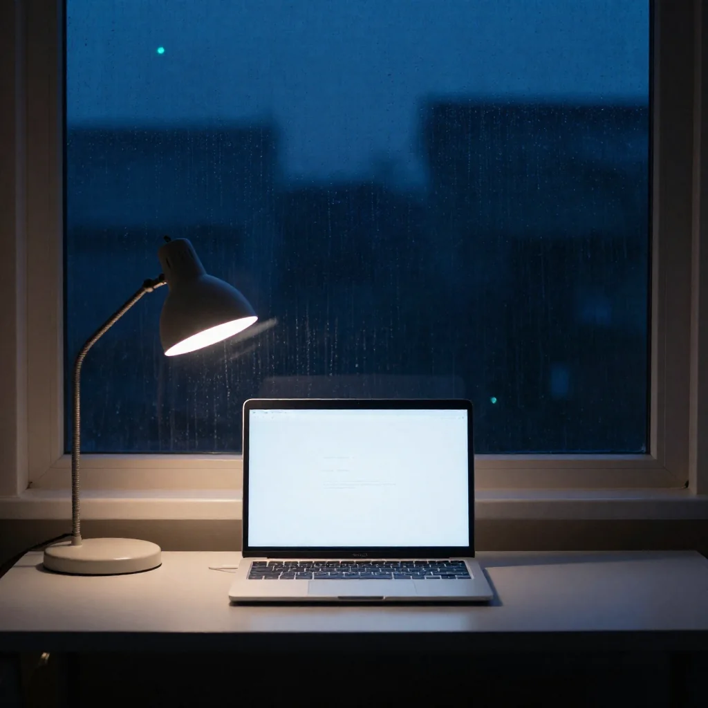 Una laptop encendida sobre un escritorio de noche.