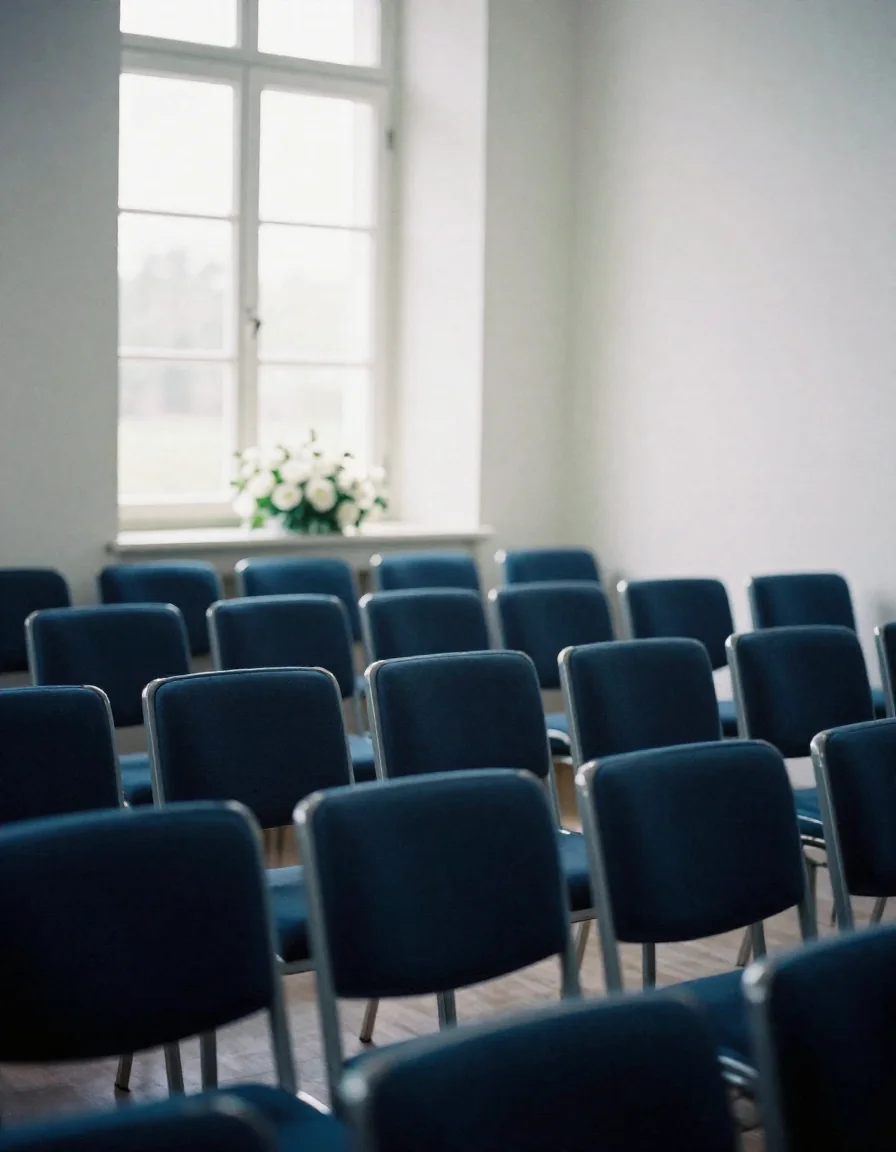Una sala tranquila con flores blancas.