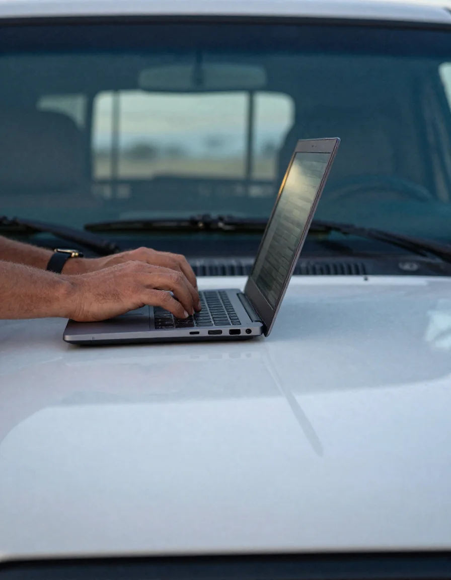 Manos escribiendo en una laptop.