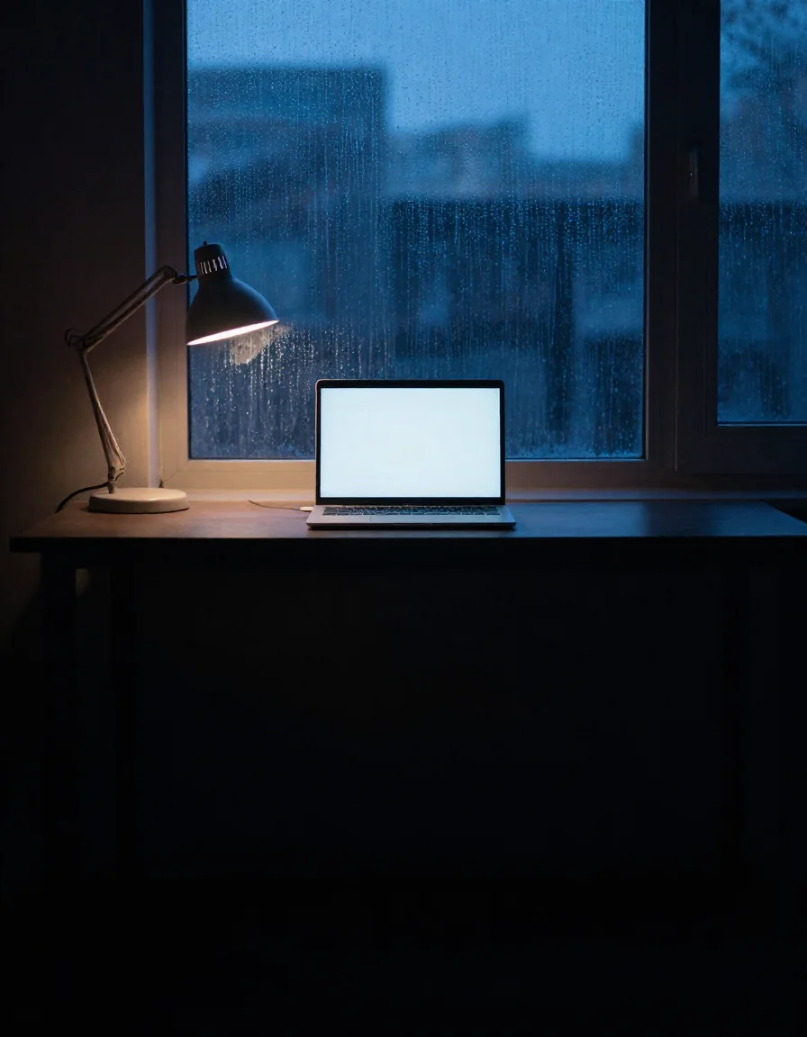 Una laptop encendida sobre un escritorio de noche.
