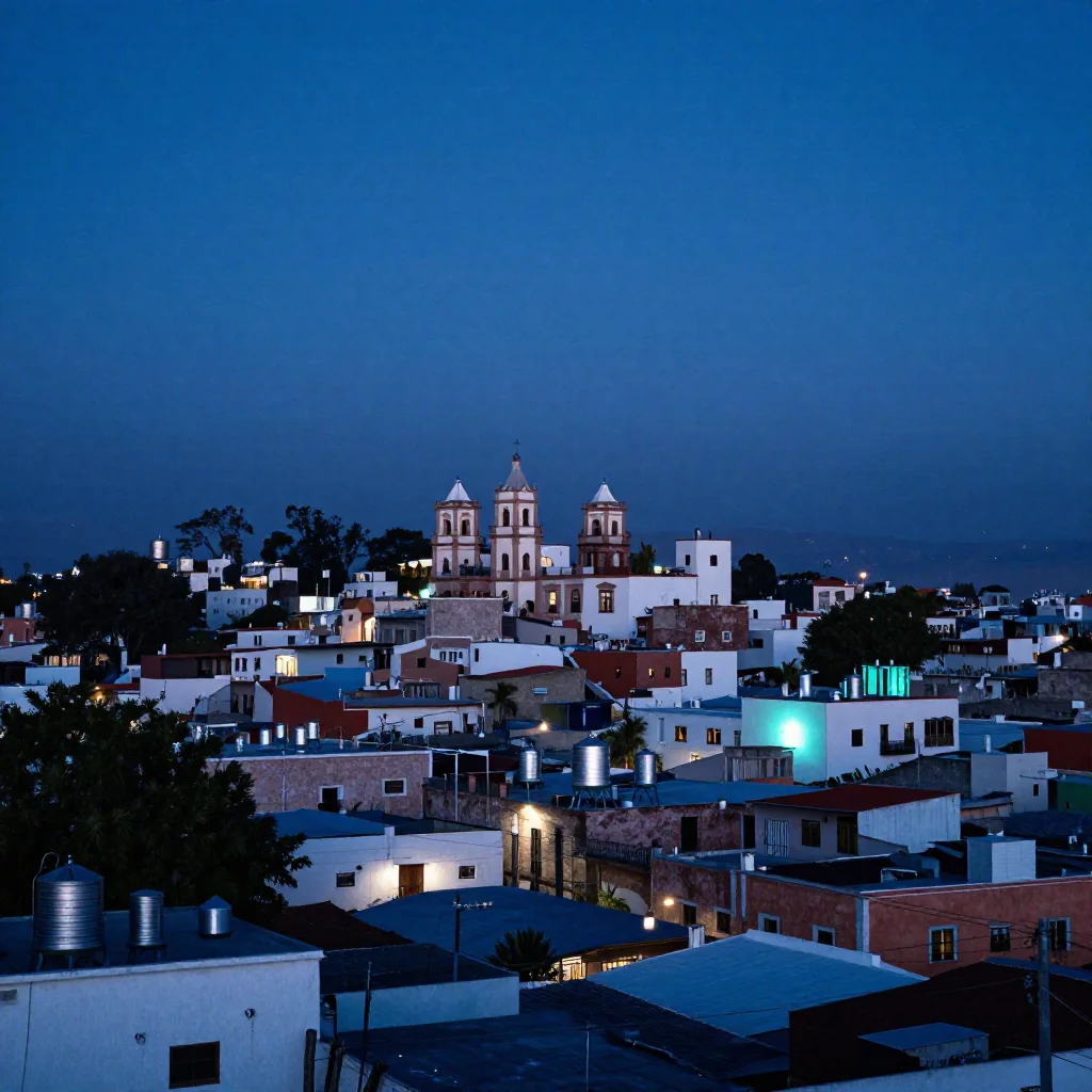 Una ciudad mexicana al anochecer.