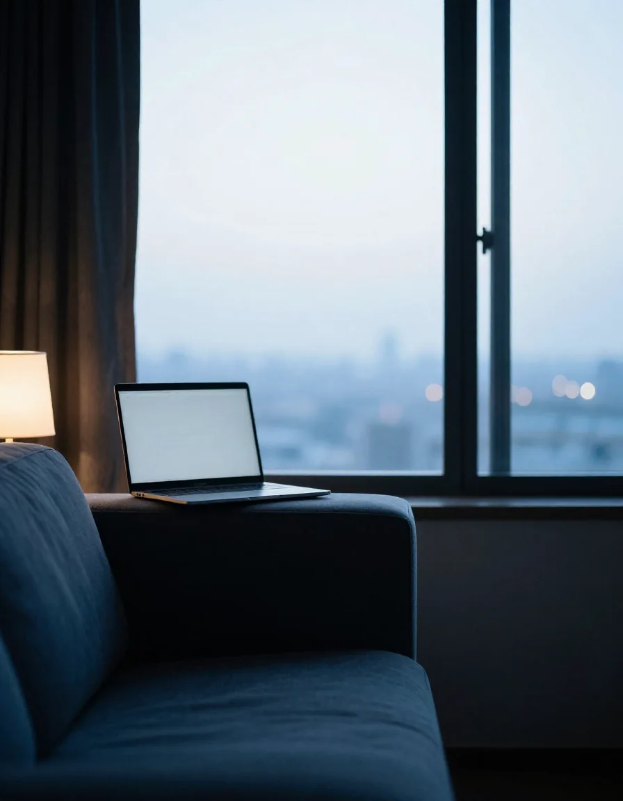 Una laptop encendida sobre un escritorio de noche.