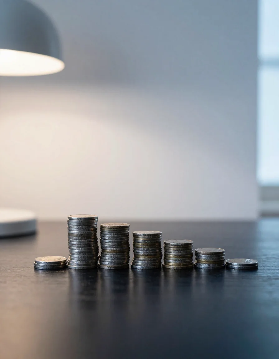 Pilas de monedas sobre una mesa.