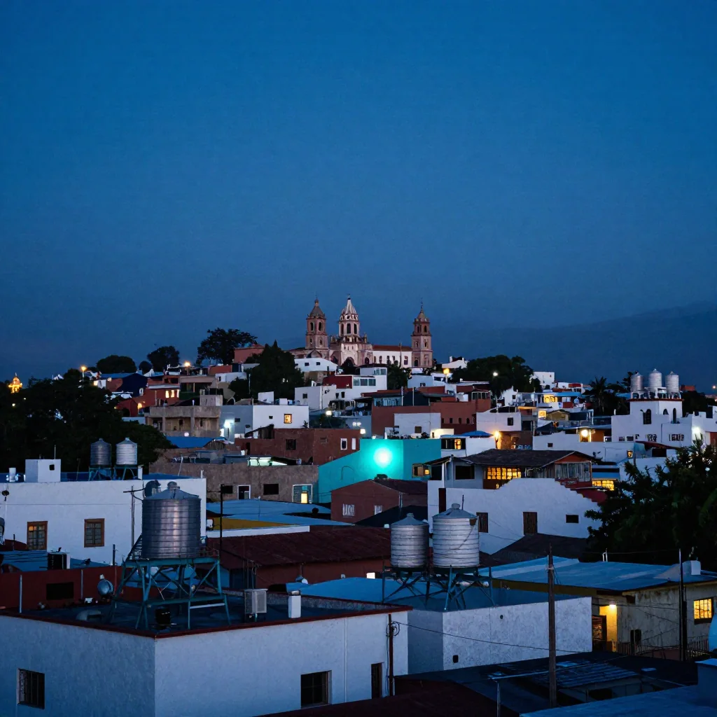Una ciudad mexicana al anochecer.