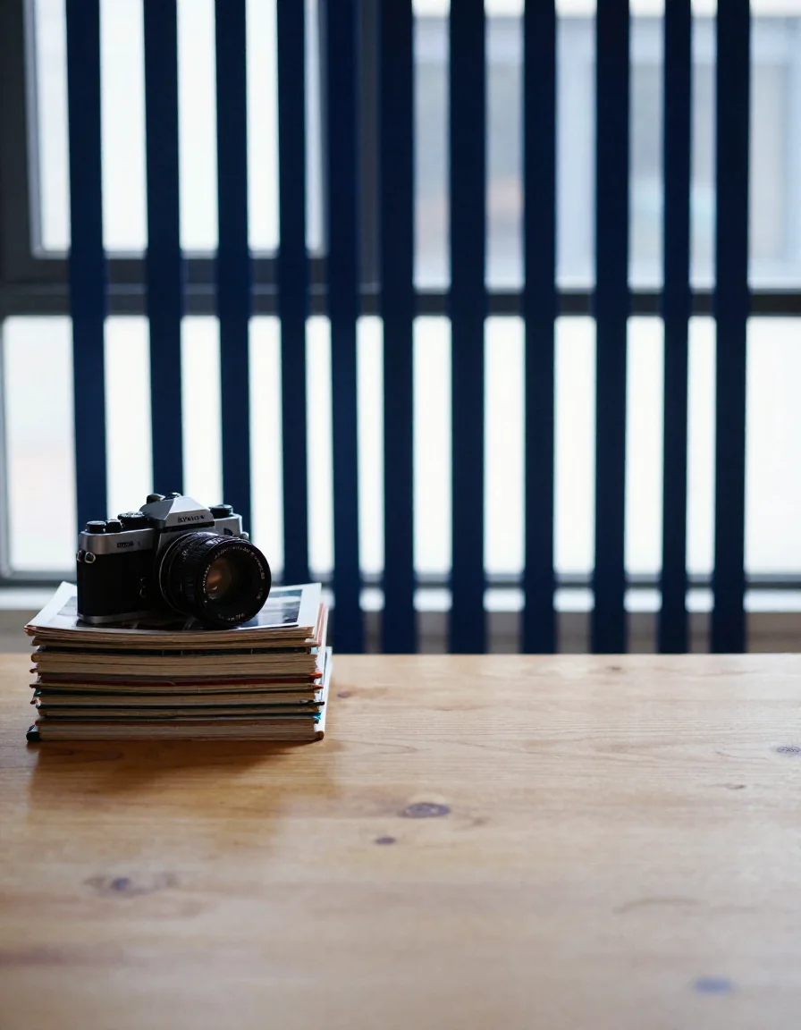 Cámara y fotografías sobre una mesa de luz.