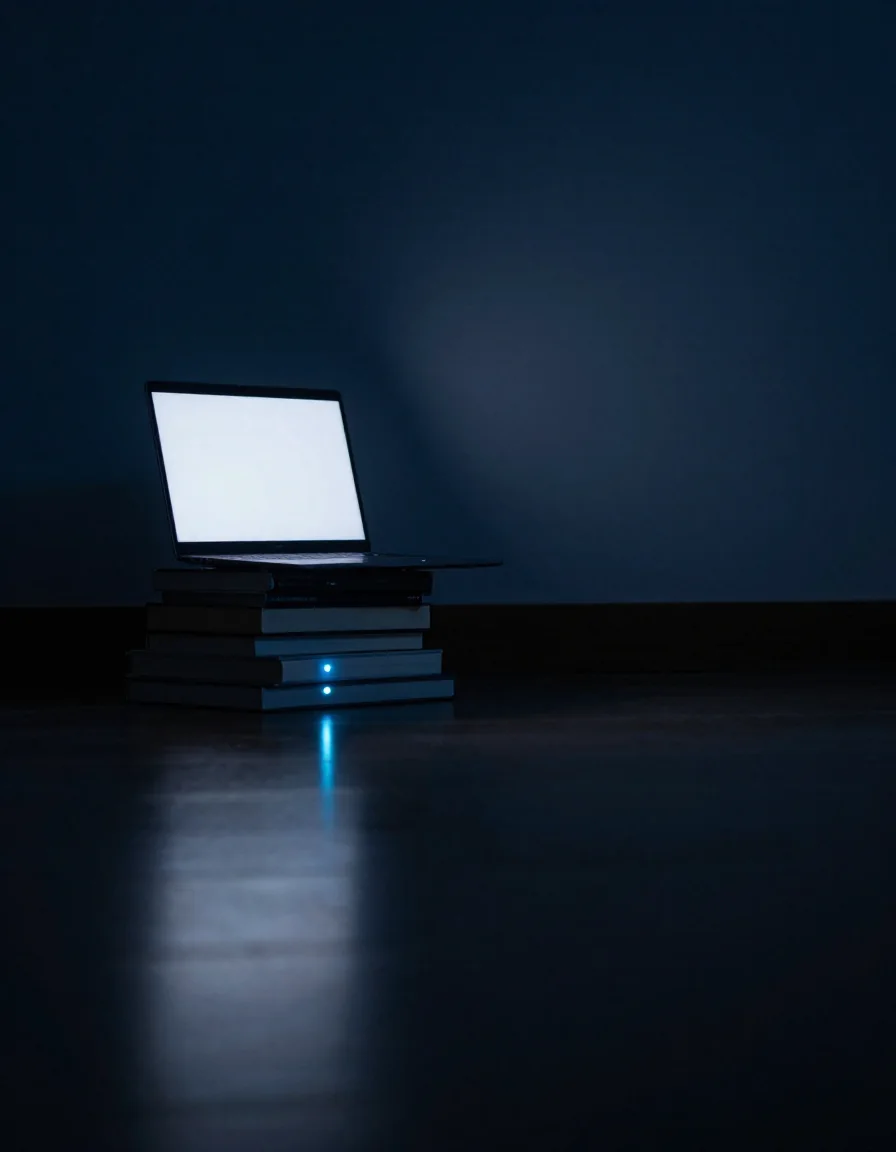 Una laptop encendida sobre un escritorio de noche.