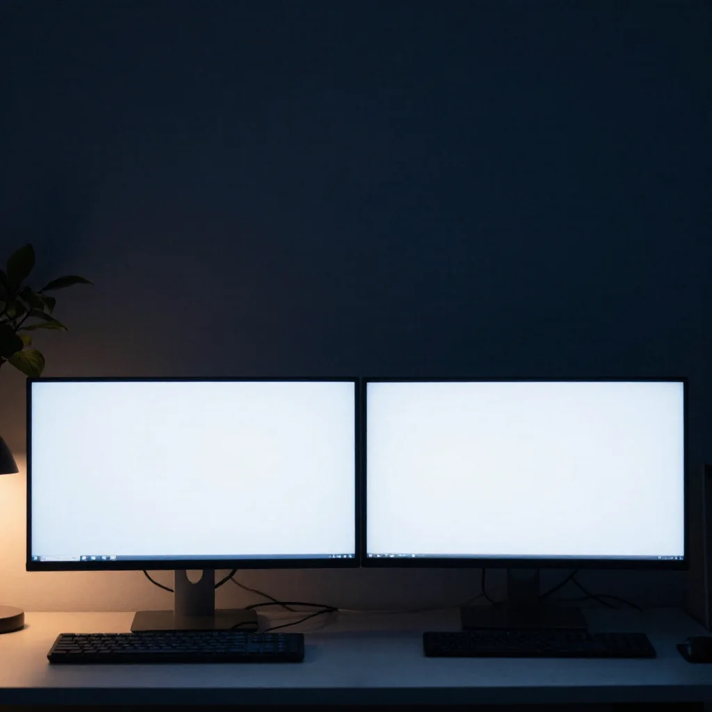 Monitores con código en un escritorio de desarrollo.