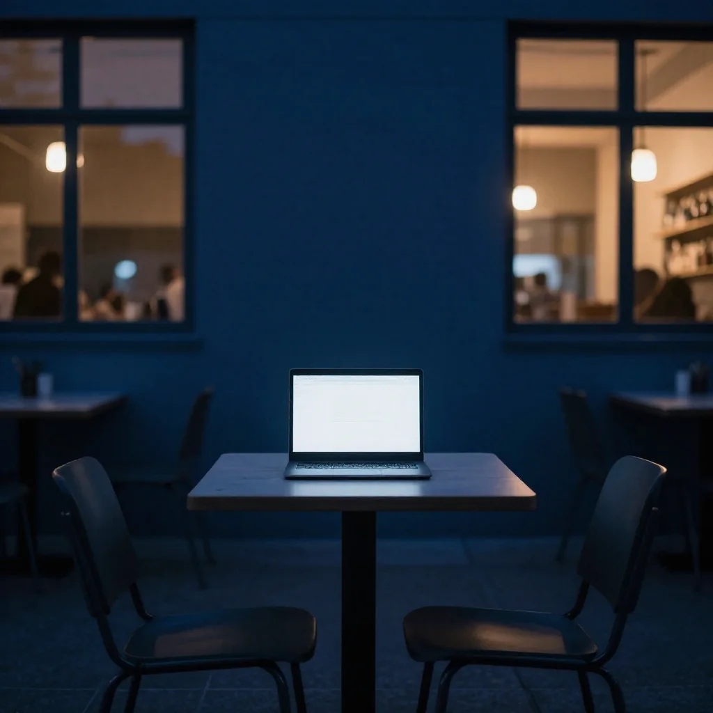 Una laptop encendida sobre un escritorio de noche.