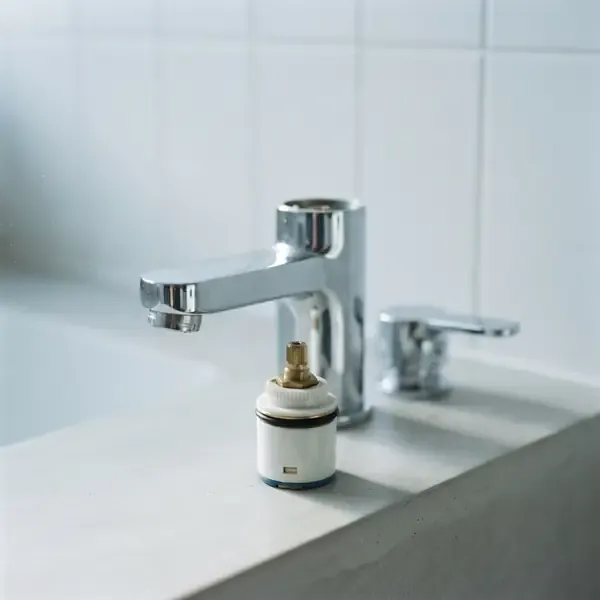 Foto de una llave mezcladora de baño con el cartucho a la vista