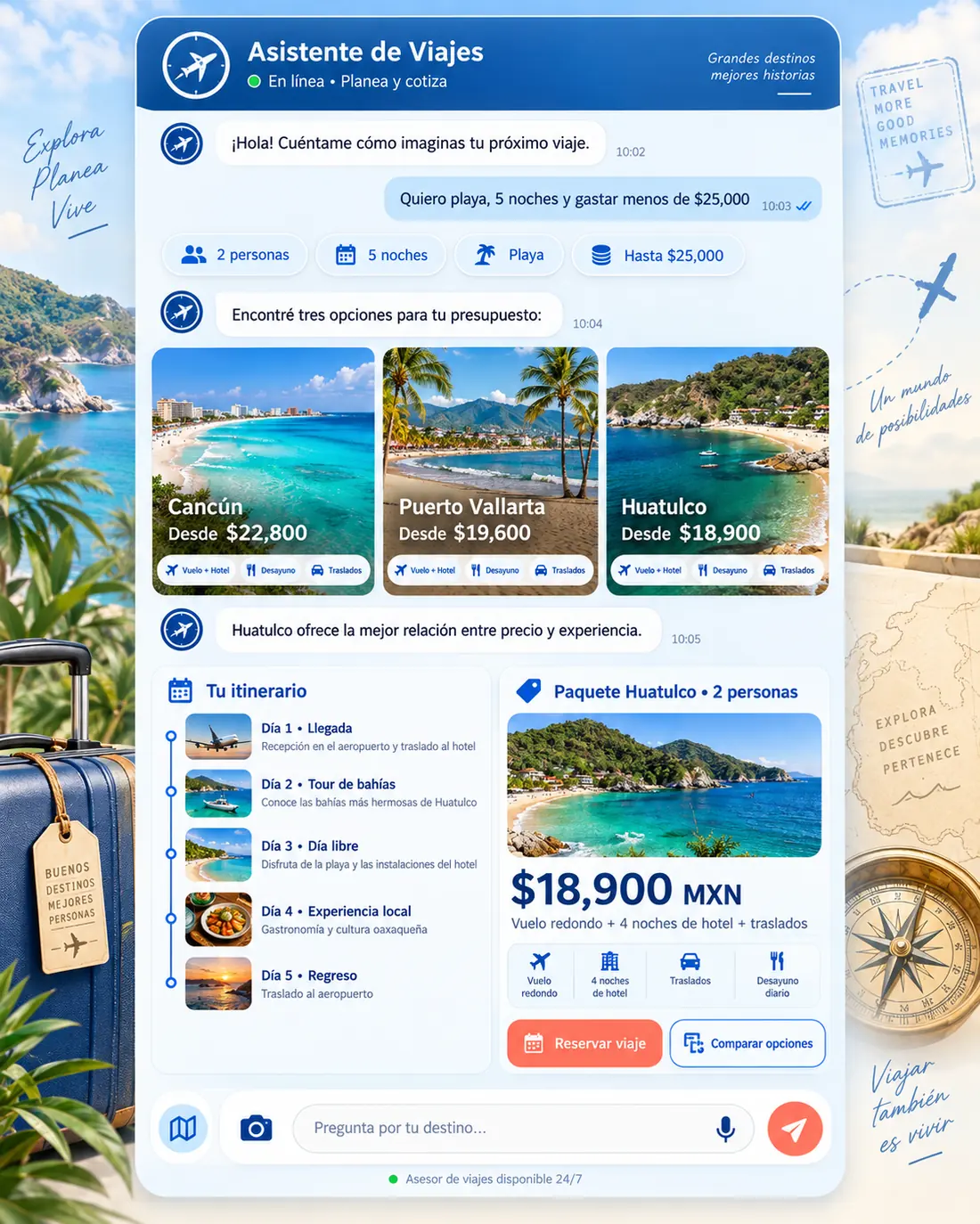 Pantalla del asistente de agencias de viajes