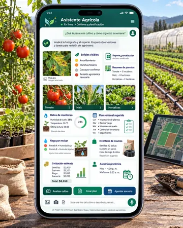 Pantalla del asistente de insumos y asesoría agrícola