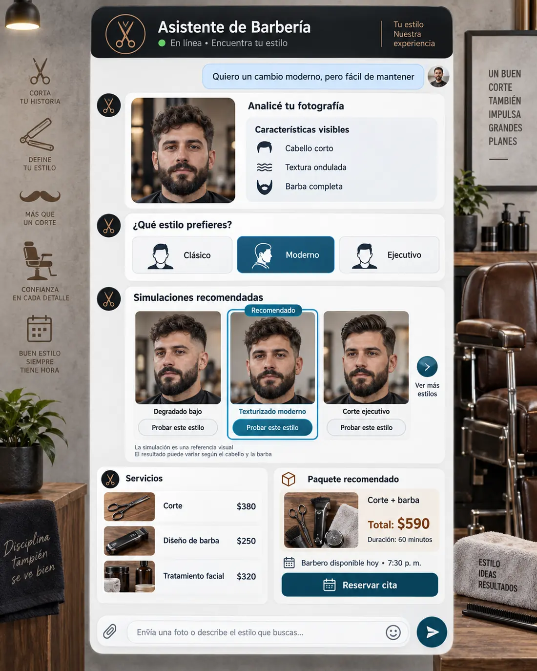 Pantalla del asistente de barbería: Tavo contestando en Barbería Navaja de Oro