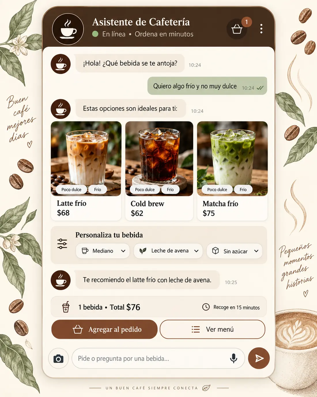 Pantalla del asistente de cafeterías