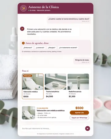 Pantalla del asistente de clínicas de estética