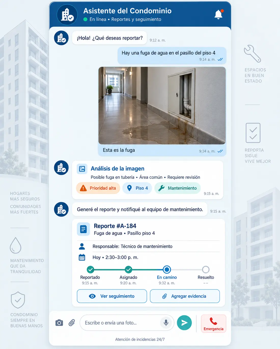 Pantalla del asistente de administración de condominios: Diana contestando en Administración Torre Ámbar