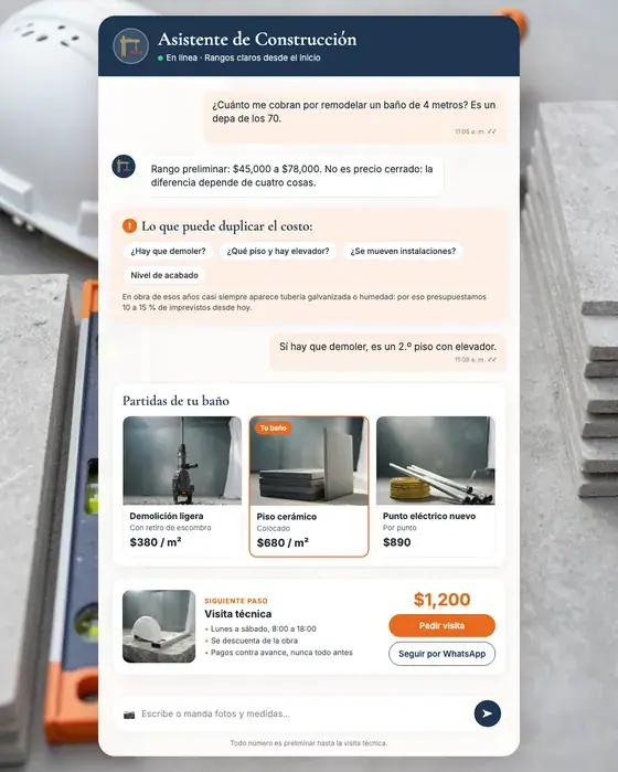Asistente de construcción que cotiza el trabajo y agenda la visita