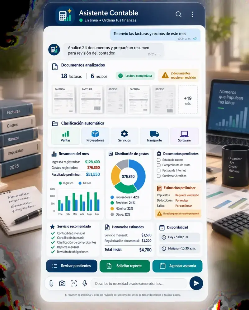 Asistente contable que analiza 24 facturas y recibos y arma un resumen del mes con gráficas de ingresos y gastos