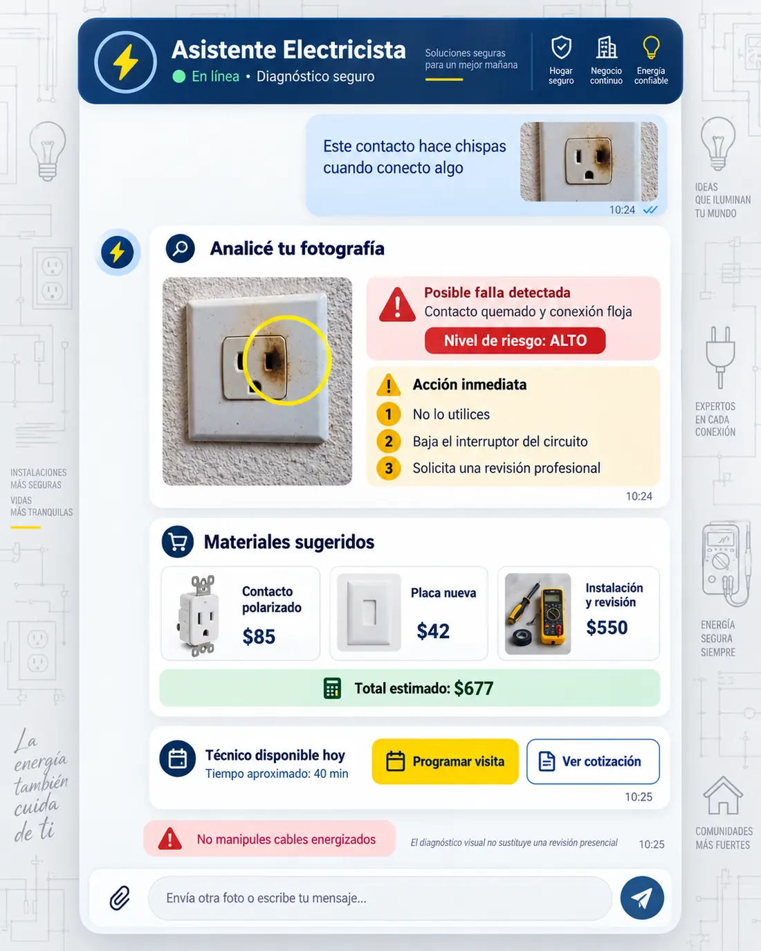 Pantalla del asistente de electricistas