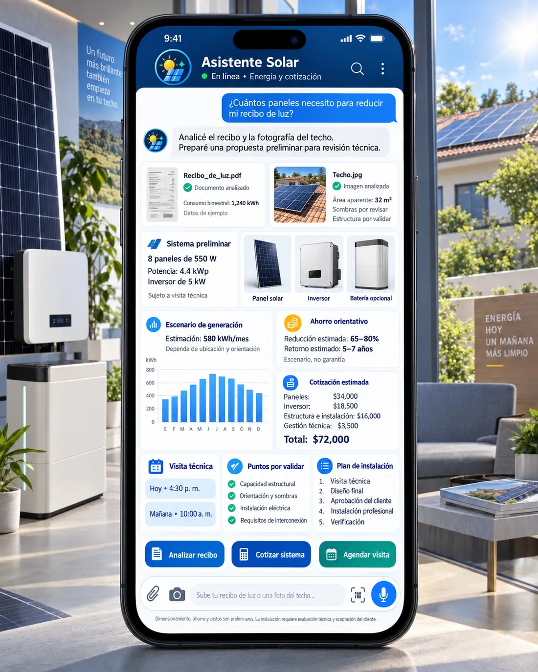Pantalla del asistente de energía solar: Andrés contestando en Solar Techo Alto