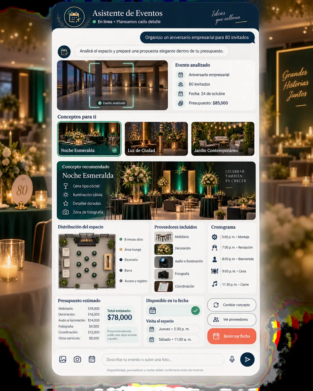 Pantalla del asistente de organización de eventos: Regina contestando en Eventos Alfarería