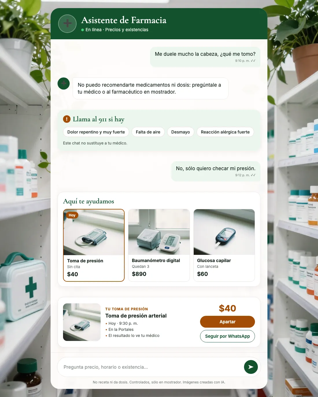 Pantalla del asistente de farmacia de barrio: Diana contestando en Farmacia El Roble