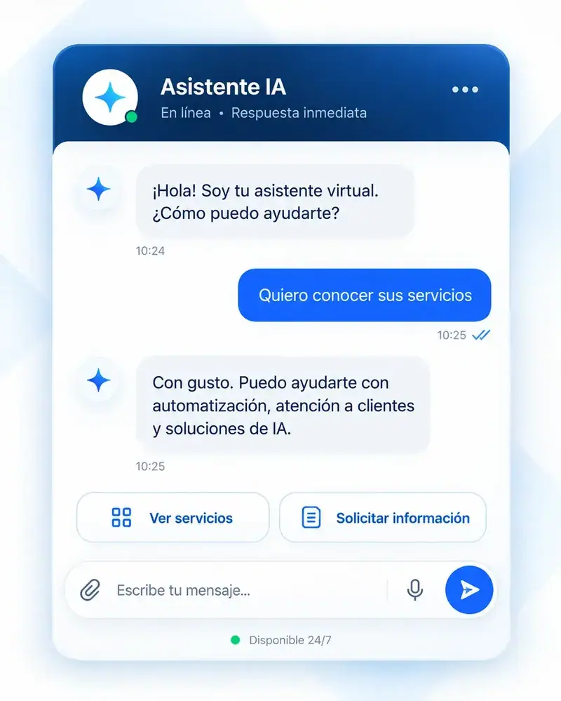 Ventana de chat de un asistente de IA que saluda y ofrece ver servicios o pedir información, disponible 24/7