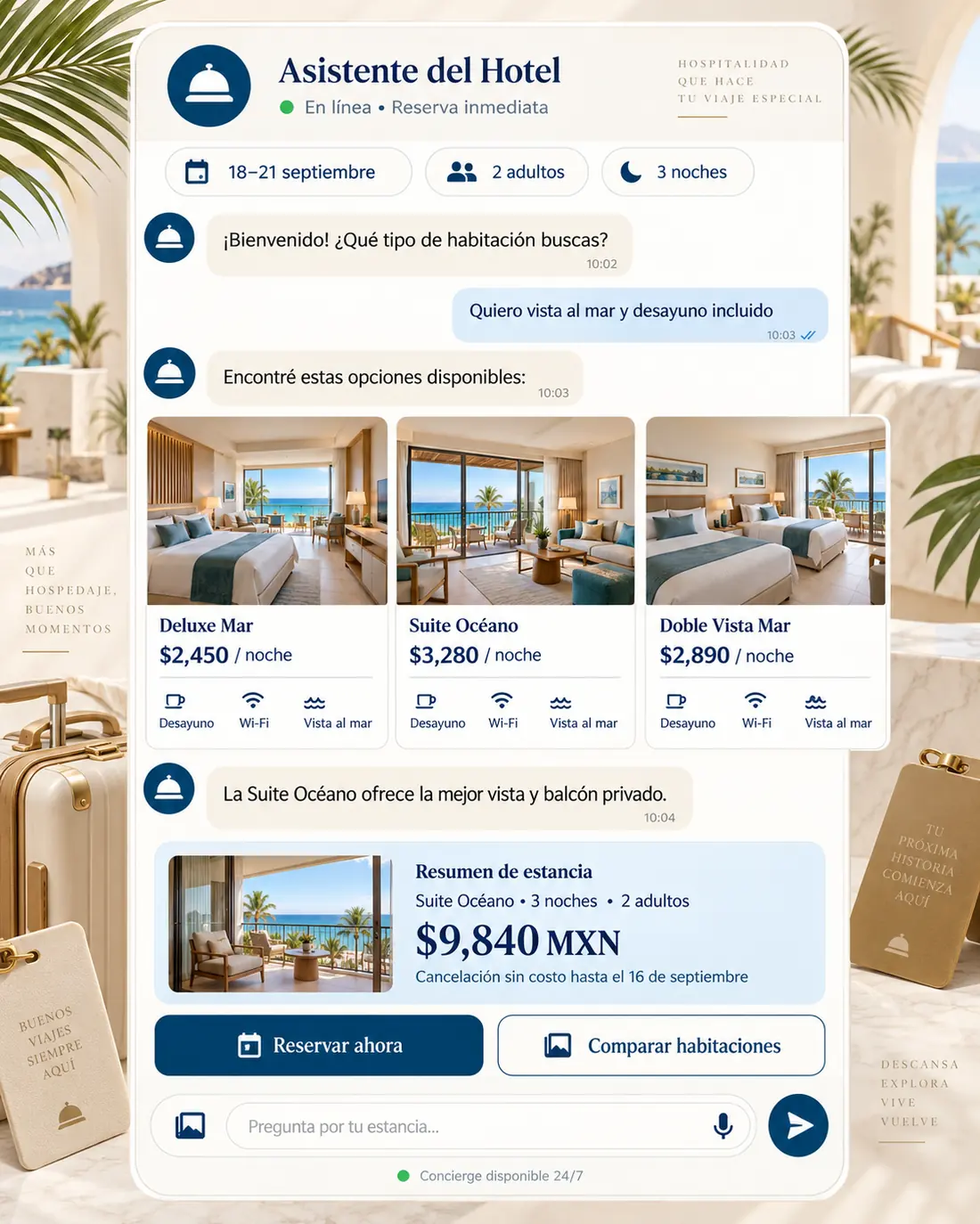 Pantalla del asistente de hoteles